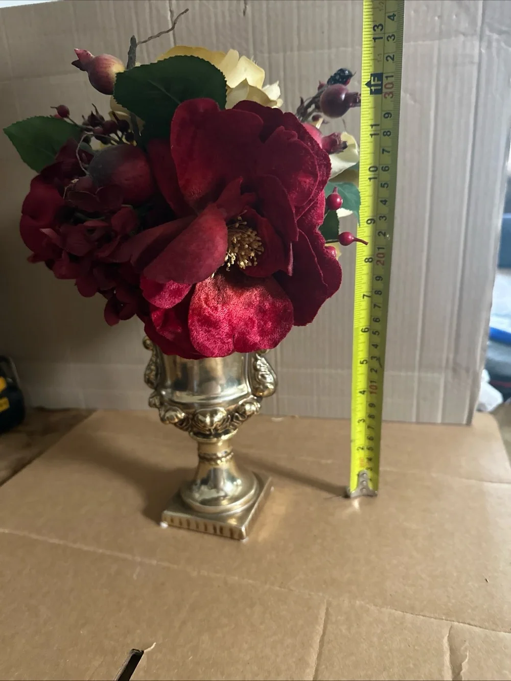 Bombay Red and Yellow Faux Floral Arrangement in Gold ceramic Urn 12”